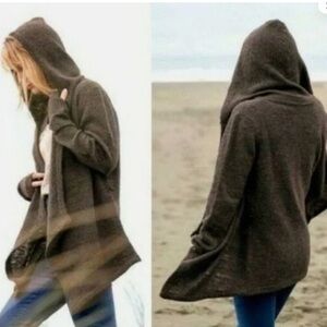 Betabrand Sheep Brown Wool Acrylic Hooded Lagenlook Wrap Sweater Cardigan L/XL